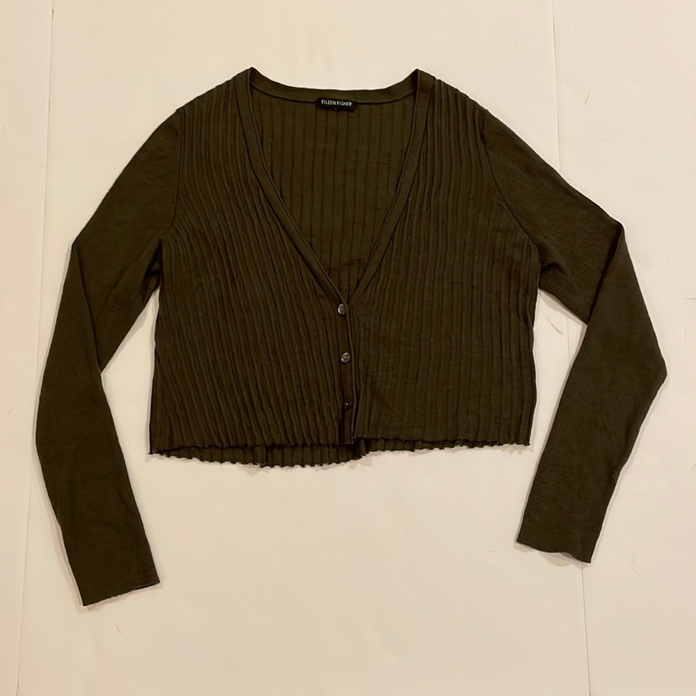 Eileen Fisher Olive Brown Cropped Cardigan Fits Size M